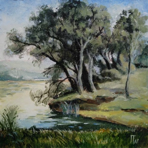 ACEO PRINT of Painting classic Landscape Lake Trees Forest by JTar - Picture 1 of 2