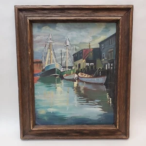 Vintage Boston Harbor Scene Oil on Canvas Board Framed at Hatfield's Color Shop - Picture 1 of 19