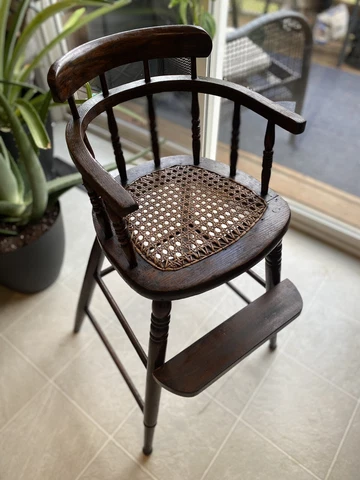 Antique Bow Back Cane Seat Oak Children's Booster Chair with Arms Footrest Cover