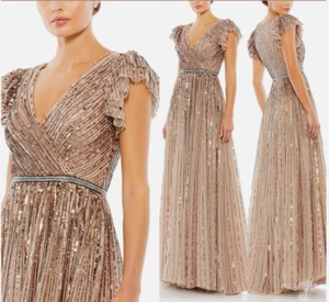 VESTIDO MAC DUGGAL 5502 LENTEJUELAS ENVOLTURA CON VOLANTES MANGA TAPA COBRE 12 - Imagen 1 de 5