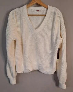NWT No Boundries Juniors Chenille V-Neck Sweater Tattered Hem Winter White Sz 3X - Picture 1 of 9