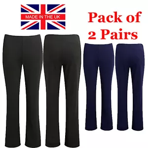 2 PACK LADIES BOOTLEG TROUSERS WOMENS BOOTCUT STRETCH FINELY RIBBED WORK BOTTOMS - Picture 1 of 10