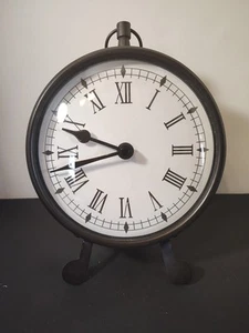 Black Metal Desk Clock Roman Numeral 6” Diameter TESTED - Picture 1 of 8