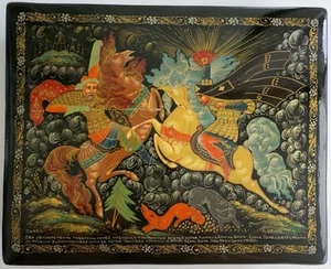 Original alte russische Lackdose «Schlacht», ca. 1990, Palech Schule, signiert. - Picture 1 of 12