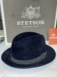EUC Vintage The Sovereign Stetson Hat Braided Accent Navy Blue 6 7/8 With Box - Picture 1 of 9