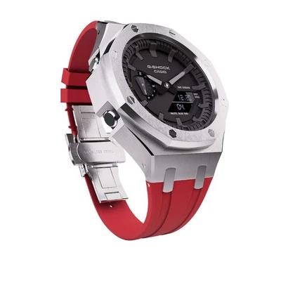 Casioak Mod Custom Watch Casio G-Shock GA-2100 Silver Case Red Strap GA2100 - Image 1 of 4