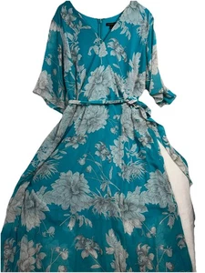 Lane Bryant Dress 28 Plus Size Teal Floral Belted Midi Flutter Sleeve Boho - Picture 1 of 12