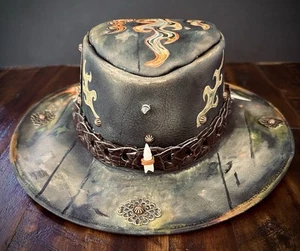 Hut flache Krempe Leder Biker Totenkopf - Bild 1 von 19