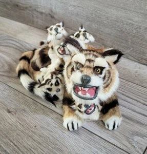 Tiger & 5 Baby Cubs (Heads Bobble) 8" Asian Figurine Real hair VTG Handmade - Picture 1 of 12