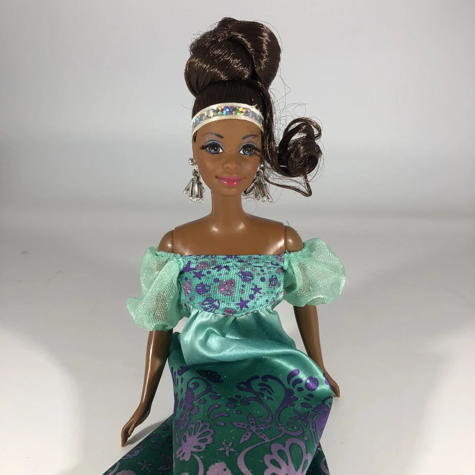 African American Black Barbie Doll Turquoise Shoulderless Dress Glitter Headband - Image 1 of 4