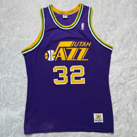 VTG 80s NBA KARL MALAONE #32 UTAH JAZZ SAND KNIT JERSEY Sz M MADE IN USA Cover