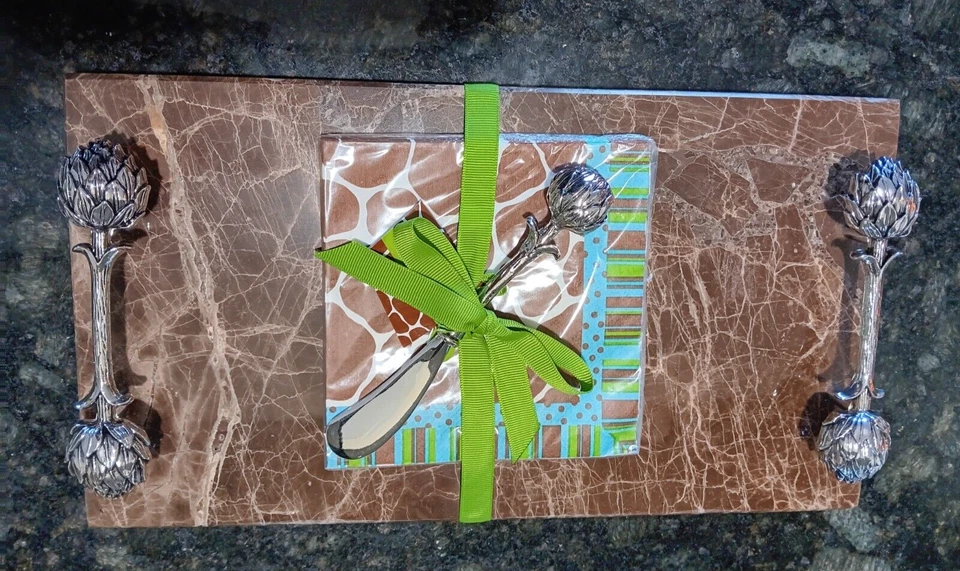 Mud Pie Marble Charcuterie cheese Board 2/ silver handles, spreader, napkins NEW - Image 1 of 4