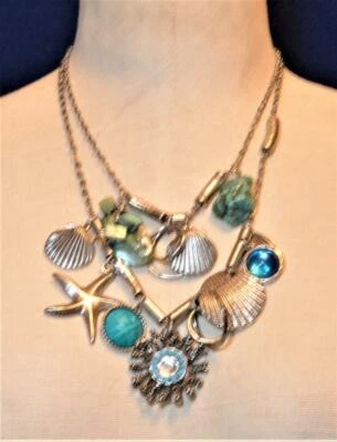 Collana Firmata CHICO'S Con Catene A 2 Fili In Conchiglia Color Argento 19" - Immagine 1 di 3