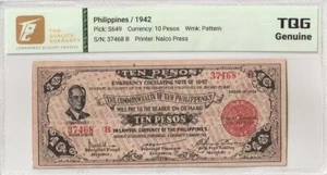 1942 Philippines 10 Pesos Pick#S649 TQG Genuine - Picture 1 of 2