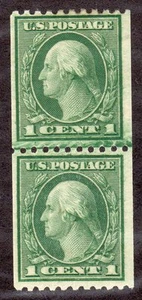 US # 486 (1916) 1c -MLH Coil Line Pair: Grade: F EFO: Over inking of coil line - Picture 1 of 3