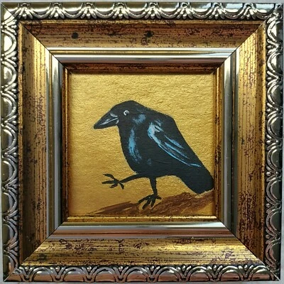 Crow Painting Bird 2x2 Oil Painting Raven Wall Art Golden Painting Framed - Image 1 of 4