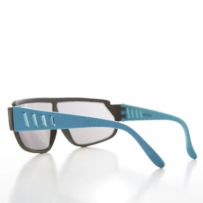 80s Blue Neon Wrap Around Sports Shield Vintage Unisex Sunglass - Barney - Image 1 of 3