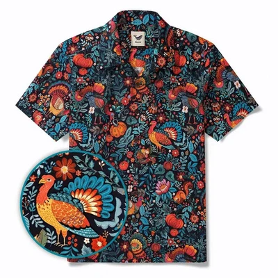 Camisa havaiana de Ação de Graças colorida peru floral abóbora estampa outono - Imagem 1 de 4
