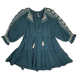 Free People Damen MEDIUM Boho türkis blau bestickt Swing Minikleid tief V - Bild 1 von 13
