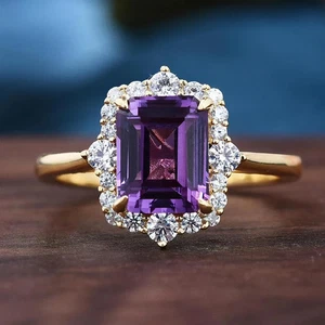 Natural Emerald Cut African Amethyst Yellow Gold Plated Silver Victorian Ring - Picture 1 of 5