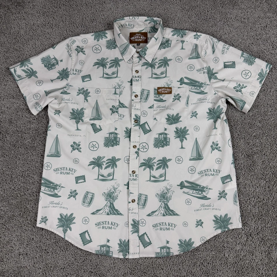 Siesta Key Rum Shirt Mens XL White Green Hawaiian Button Front Tropical Florida - Image 1 of 4