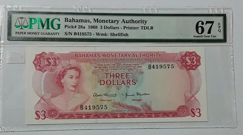 Bahamas 1968 $3 Monetary Authority PMG 67 EPQ Superb Gem UNC 0200 Cover