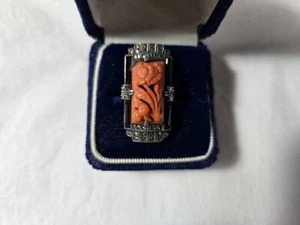 THEODOR FAHRNER Art Deco Ring Sterlingsilber Germany Koralle Onyx Markasit - Bild 1 von 8