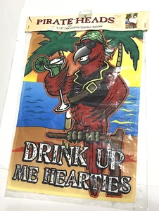 PIRATE HEADS Parrot One Sided 12" x 18" Hanging Banner Drink Up Me Hearties NEW - Picture 1 of 3
