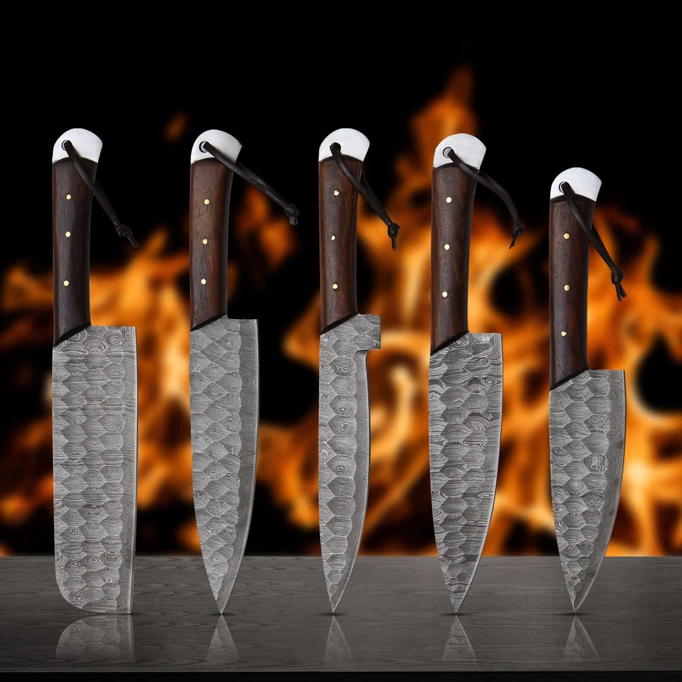 5 Pieces Hand Forged Damascus Steel Chef Set, Kitchen set knife  wood handle - Imagen 1 de 3