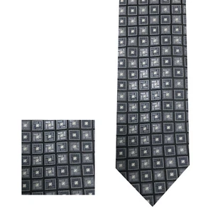 Vintage Square Design 2.75" Inches Necktie and Pocket Square Hanky Charcoal Gray - Picture 1 of 1