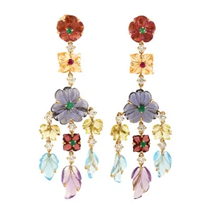 0.13ct Rubí Esmeralda Turmalina Multicolor Flor Pendientes Largos 18k Yellow Oro - Imagen 1 de 5