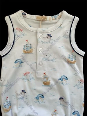 Baby Club Chic (Peru) NWT White/Blue “Pirates” Pima Cotton Bubble Sunsuit-3-6Mos - Image 1 of 4