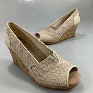 Toms 10 Beige Classic Wedge Pump 3" Cork Heels Peep Toe Sandals - Picture 1 of 9