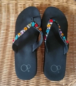 OP Black Wedge Flip Flops with Colored Gems - Picture 1 of 4