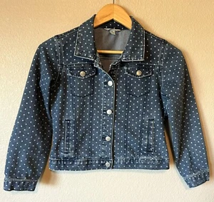Lands End Denim Jacket Girls M 10-12 Blue Polka Dots Jean - Picture 1 of 6