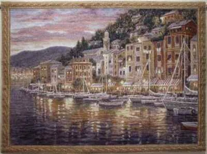 TAPESTRY, Italian Seaside Sunset - "PORTOFINO" 54"x 40" - Picture 1 of 4