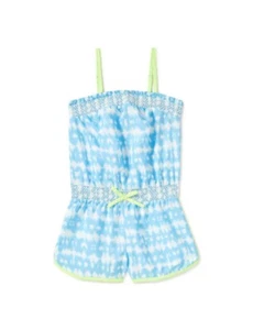 Girls 10-12 Romper Tie Dye Short Set Sleeveless Tie Waist BLUE Neon Ocean NWT  - Picture 1 of 3