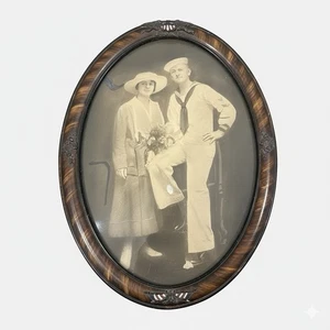 Antique Bubble Glass Oval Togar Oak Convex Picture Frame Navy 23” x 17” - Picture 1 of 9