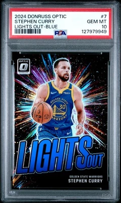 2024 PANINI DONRUSS OPTIC LIGHTS OUT BLUE #7 STEPHEN CURRY 22/49 PSA 10 - Image 1 of 2