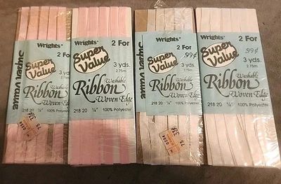Vintage Wrights Ribbon, Pink & White, 3 Yards 1/4"  Lot Of 4 - Image 1 of 2
