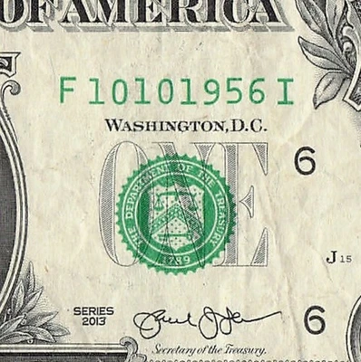 OCT 10 1956 Birthday Fancy Serial Number Date Note One Dollar Bill 10 10 1956 - Image 1 of 4