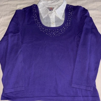 Quacker Factory Purple Embellished Sweater With Attached White Shirt Collar L - Image 1 of 4