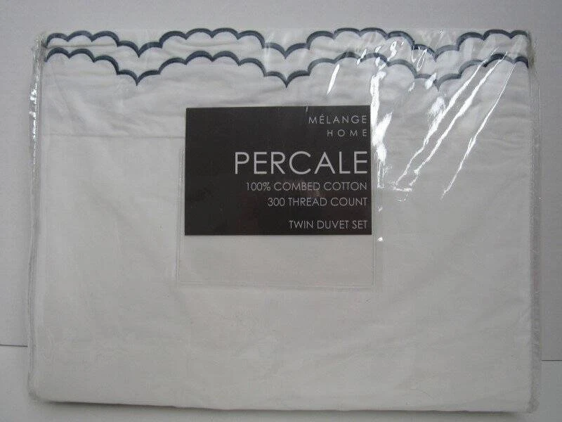 Pottery Barn Maci Double Scalloped Percale Embroidered Duvet Cover Set Twin New - Image 1 of 4