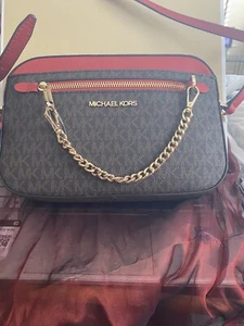 Bolso Bandolera Michael Kors Jet Set Grande Logo MK Marrón Y Llama Nuevo con Etiquetas - Imagen 1 de 8