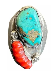TURQUOISE & CORAL RING Zuni artisan Loyalita Tsattie Size 16 Large Ring - Picture 1 of 7