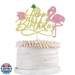 1 PZ Fenicottero Buon Compleanno Cake Topper-Glitter Palma Tartaruga Foglia Flowe - Foto 1 di 5