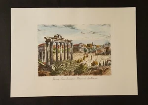 Foro Romano, Tempio di Saturno stampa incisa di de Carly dipinta a mano anni 60 - Foto 1 di 5