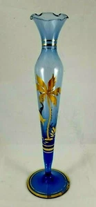 Jarrón vintage de cogollo de vidrio azul pintado a mano oro recortado 10" de alto - Imagen 1 de 8