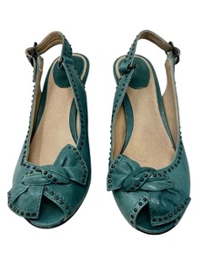FRYE Maya Vintage Stud Sling Heels Size 6 M Teal Genuine Leather Peep Toe Boho - Picture 1 of 8