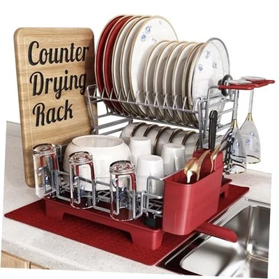  Estante de secado de escurridores de platos de acero inoxidable grande de 2 niveles para mostrador rojo de 2 niveles Foto 1 de 4